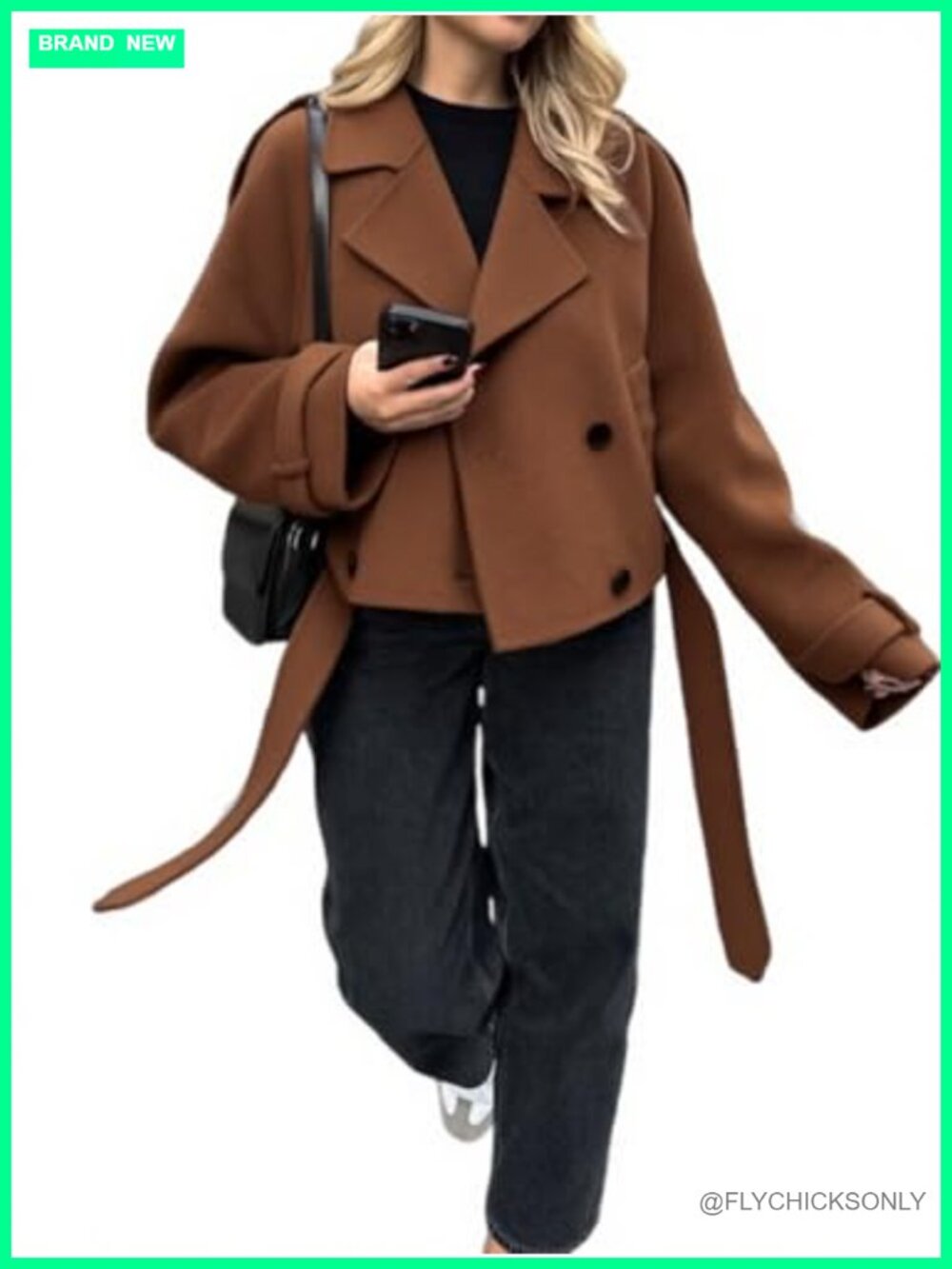 Cropped Wool Blend Pea Coat Belted Double Breasted Trench Coat with Pockets